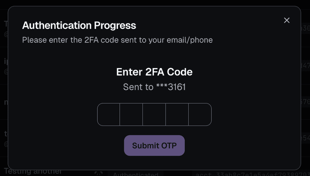 OnlyFansAPI Console - Connect Account - Enter 2FA code
