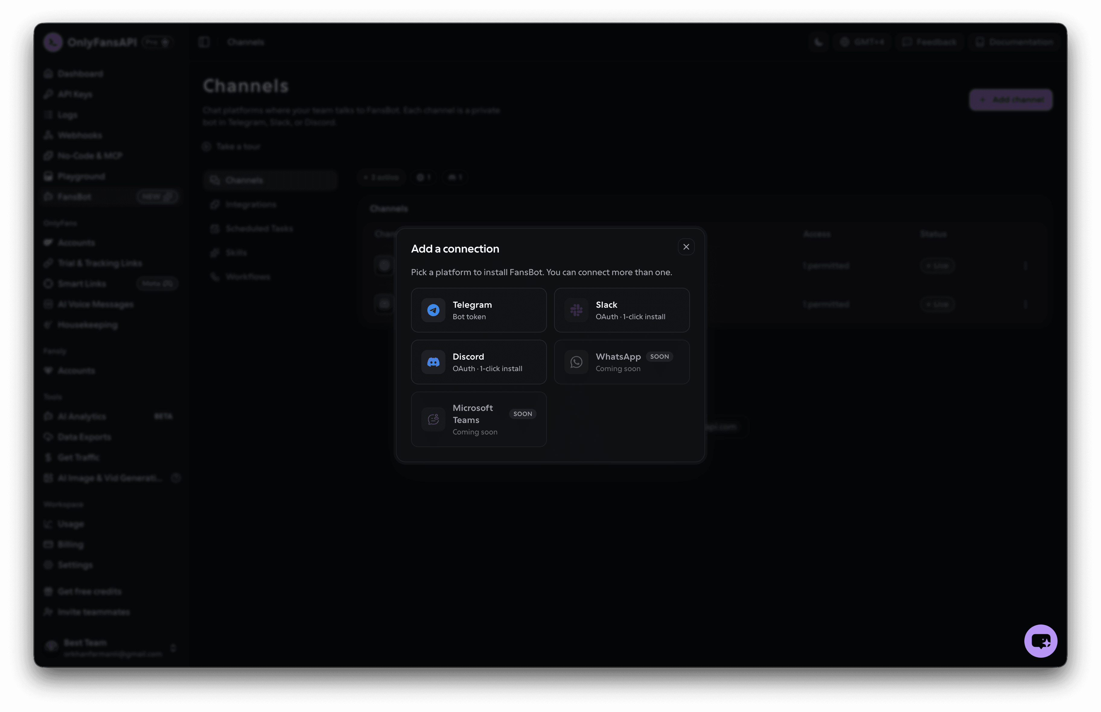 Add a channel — platform picker