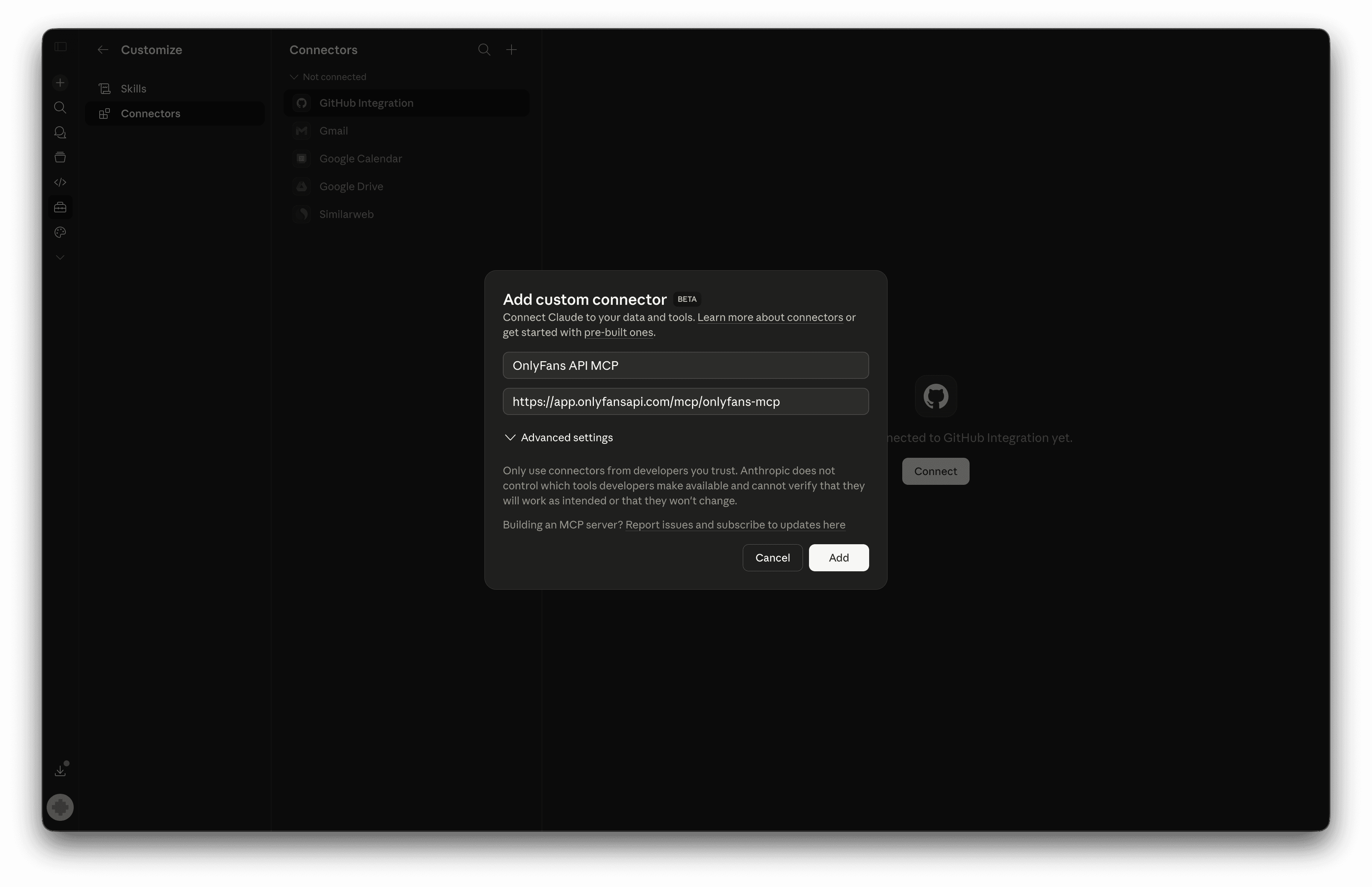 Claude — Add custom connector dialog