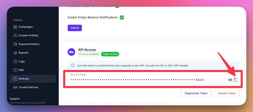 CreatorTraffic API token field