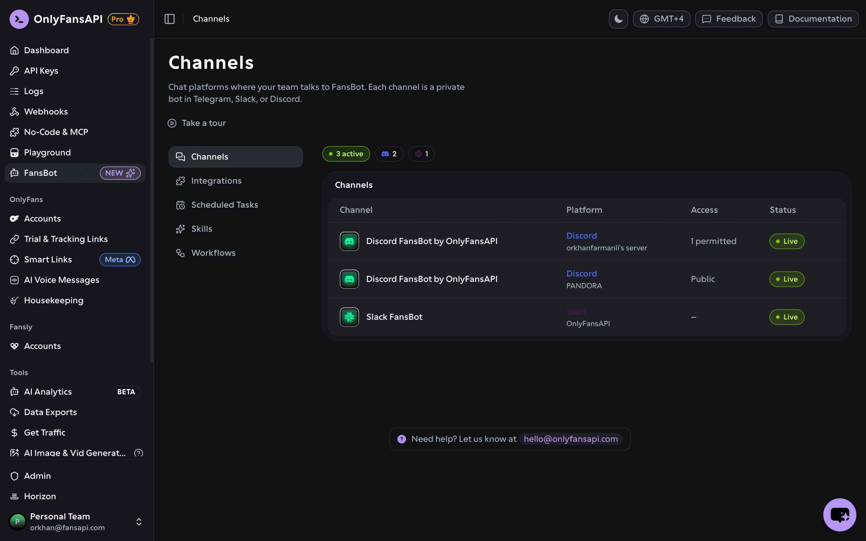 FansBot Channels tab