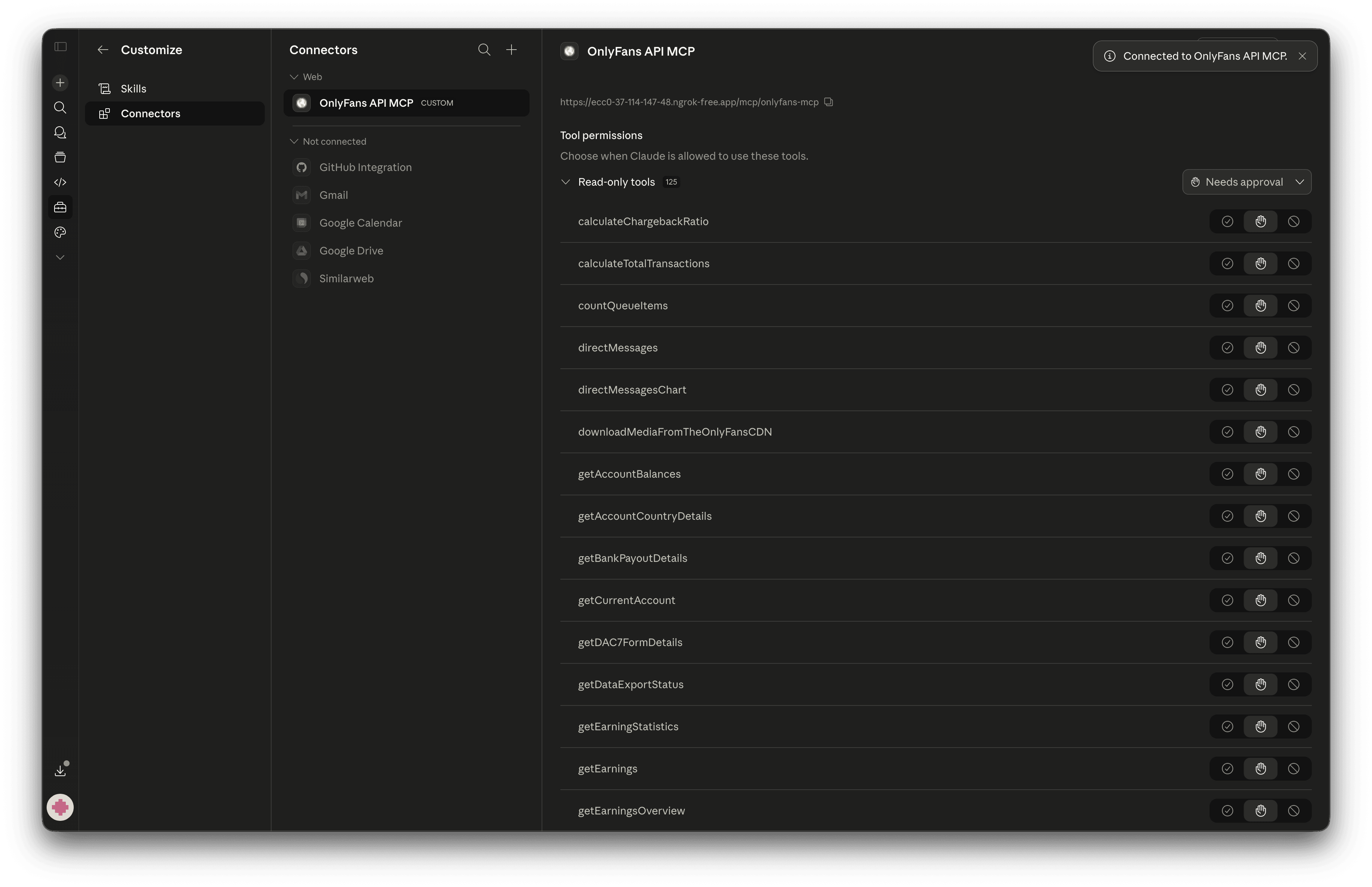Claude — Connector connected with tool permissions
