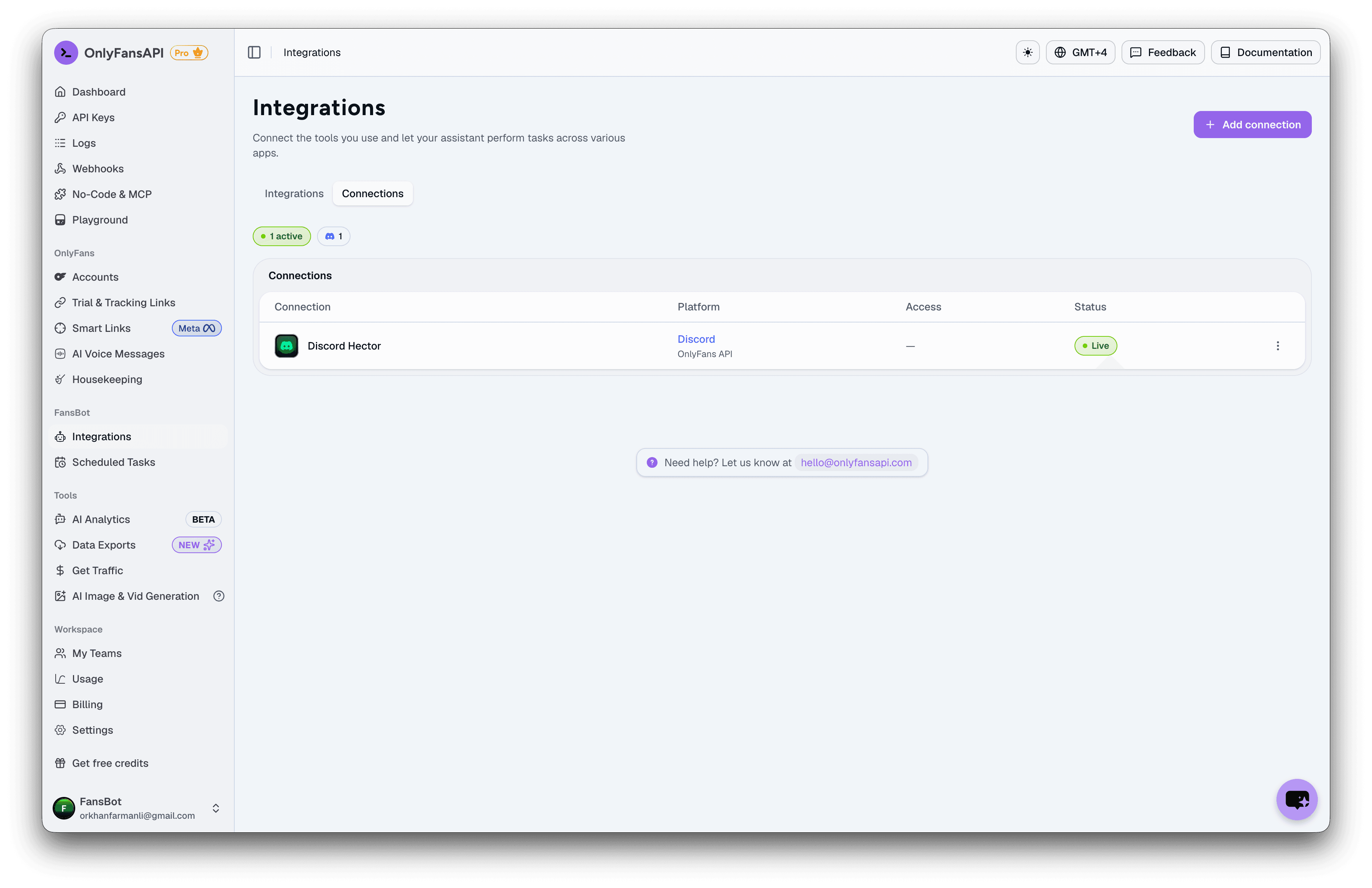 FansBot Connections tab