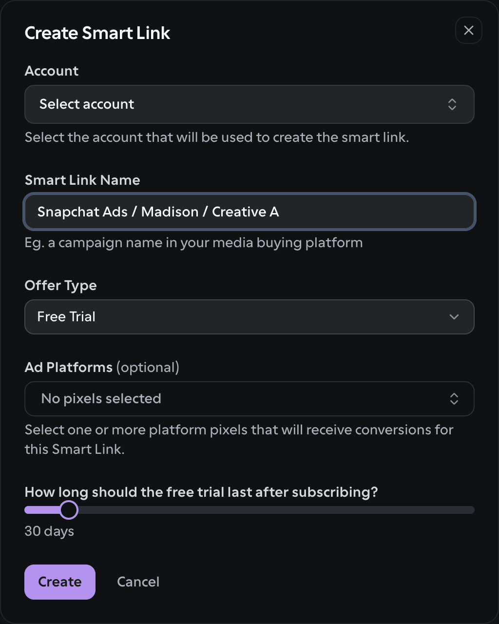 OnlyFans API dashboard: Create Smart Link dialog