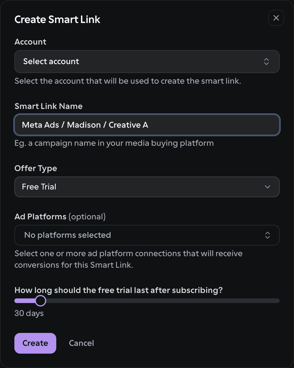 OnlyFans API dashboard: Create Smart Link dialog