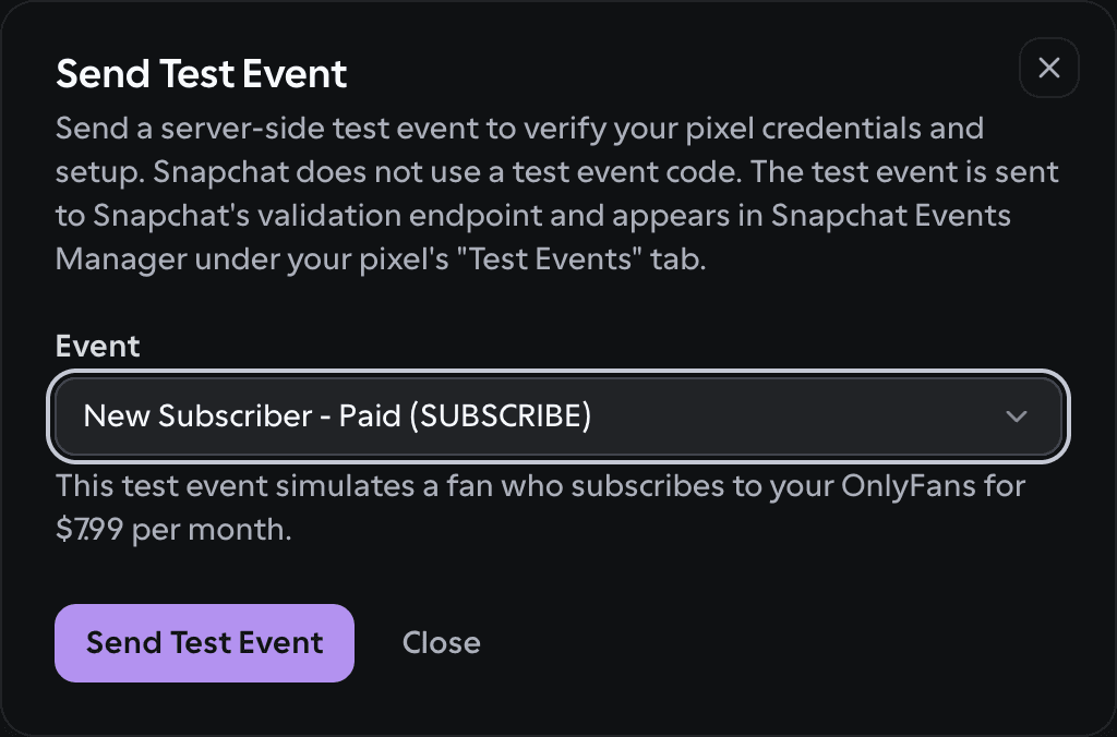 OnlyFans API dashboard: Send Test Event dialog for a Snapchat pixel
