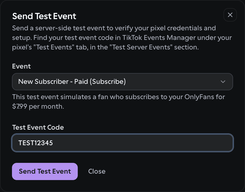 OnlyFans API dashboard: Send Test Event dialog with a test event code