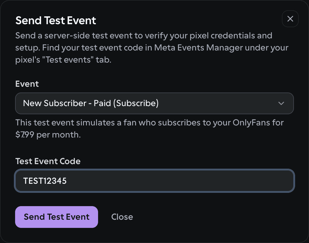 OnlyFans API dashboard: Send Test Event dialog with a test event code