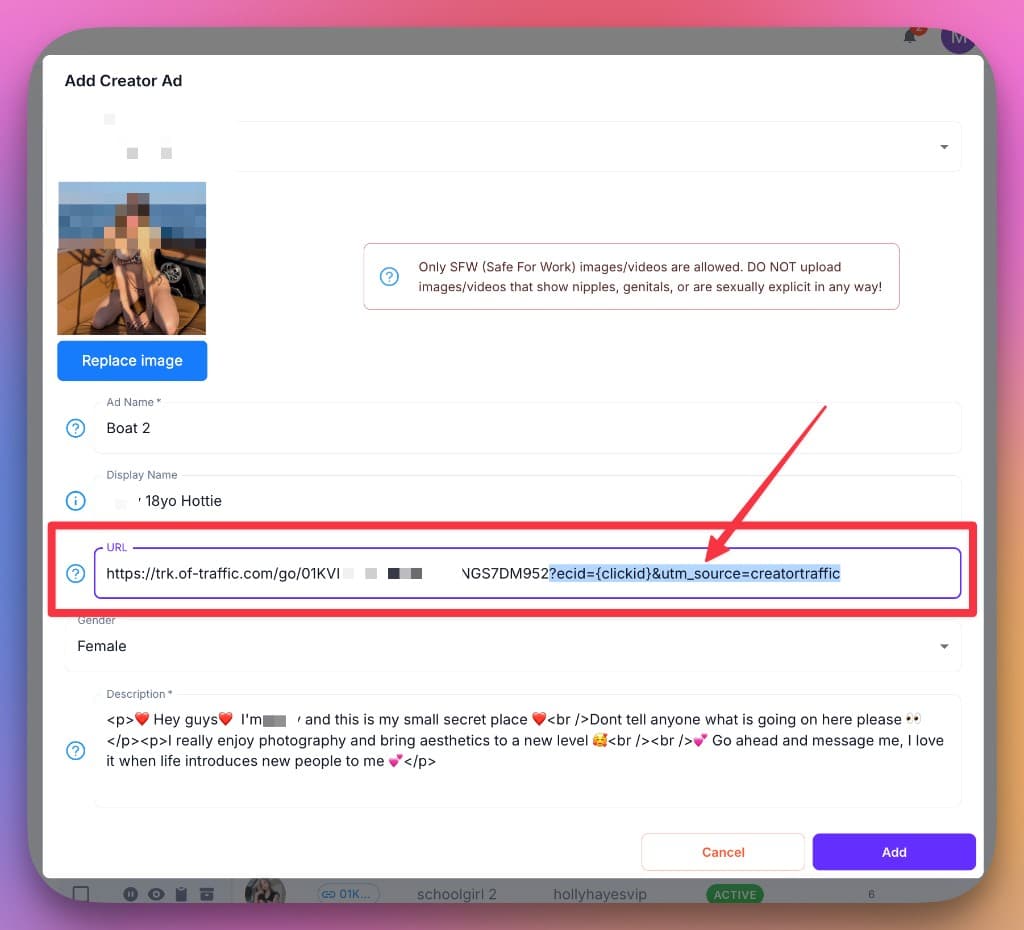 CreatorTraffic ad destination URL with click ID parameters