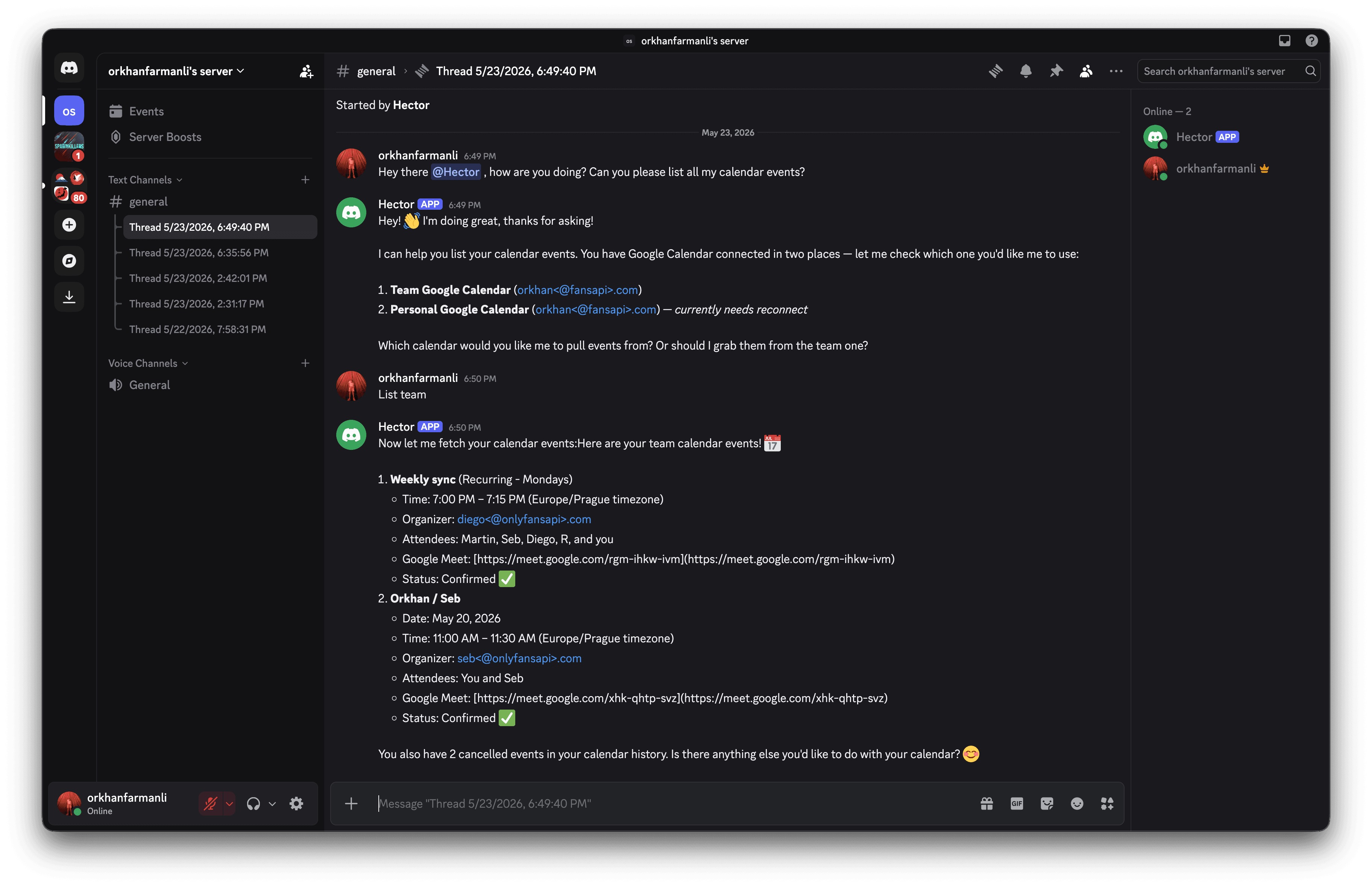 FansBot listing calendar events in Discord