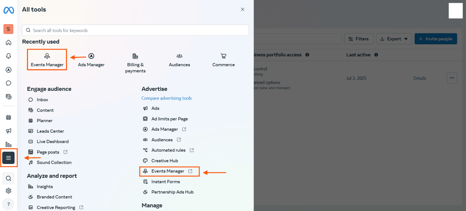 Meta Business: All Tools menu with Events Manager