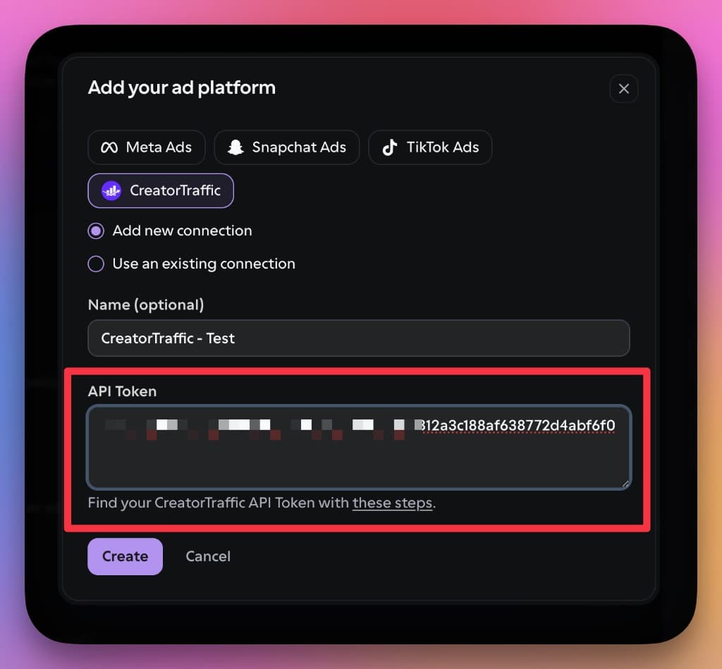 OnlyFans API dashboard: CreatorTraffic API Token field