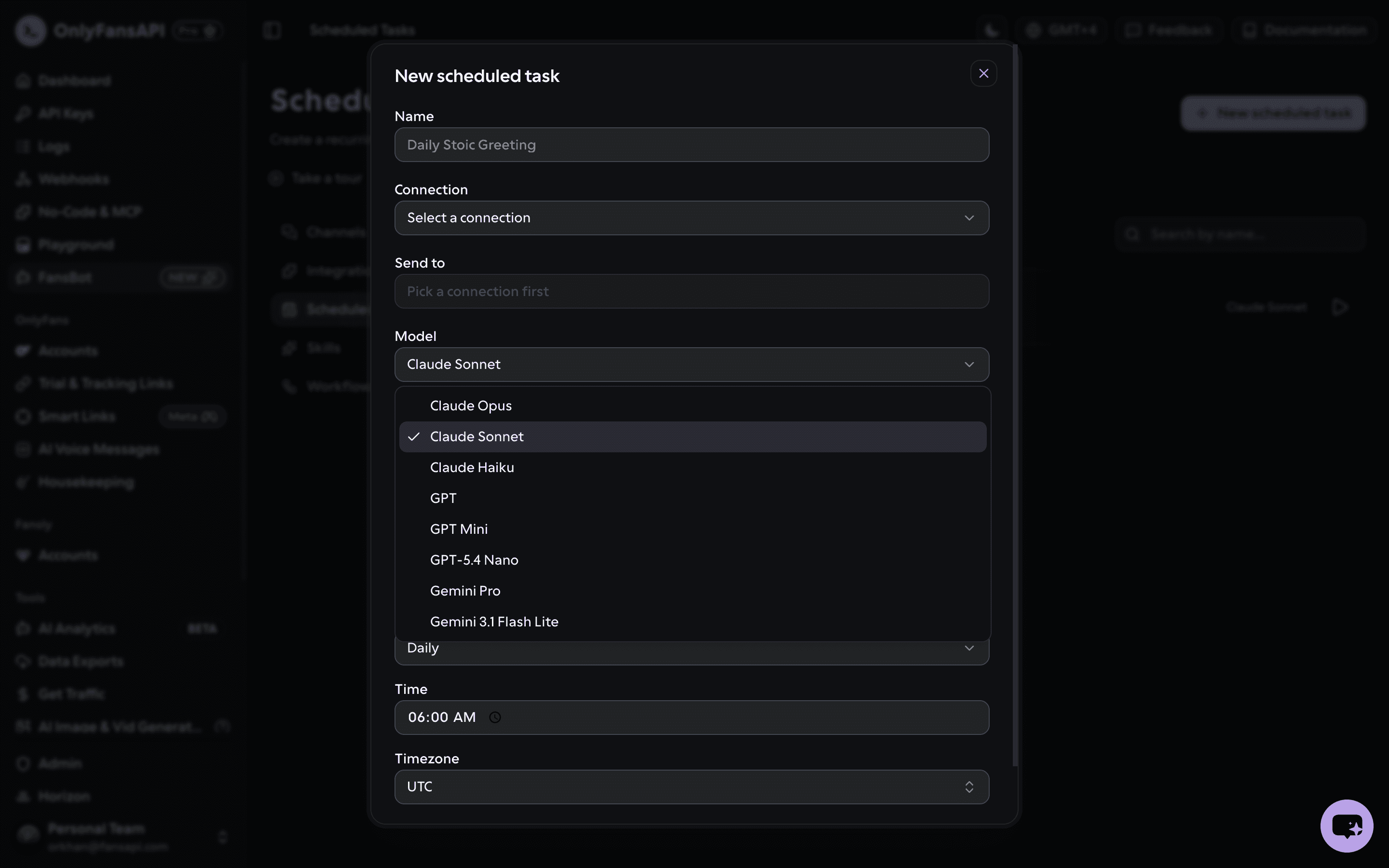 New scheduled task form with the model picker open