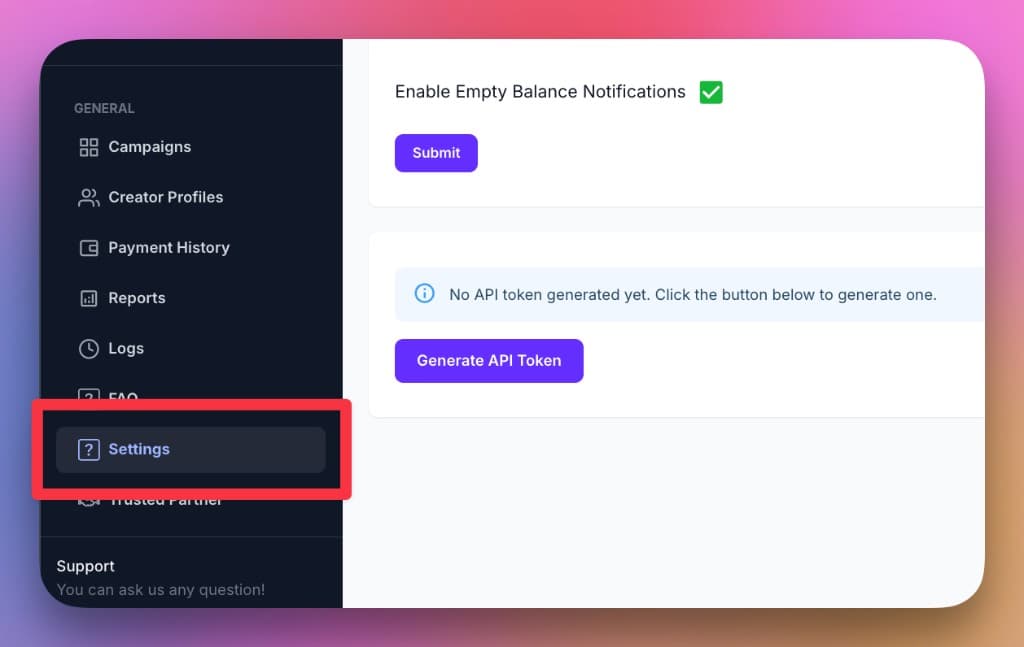 CreatorTraffic settings menu