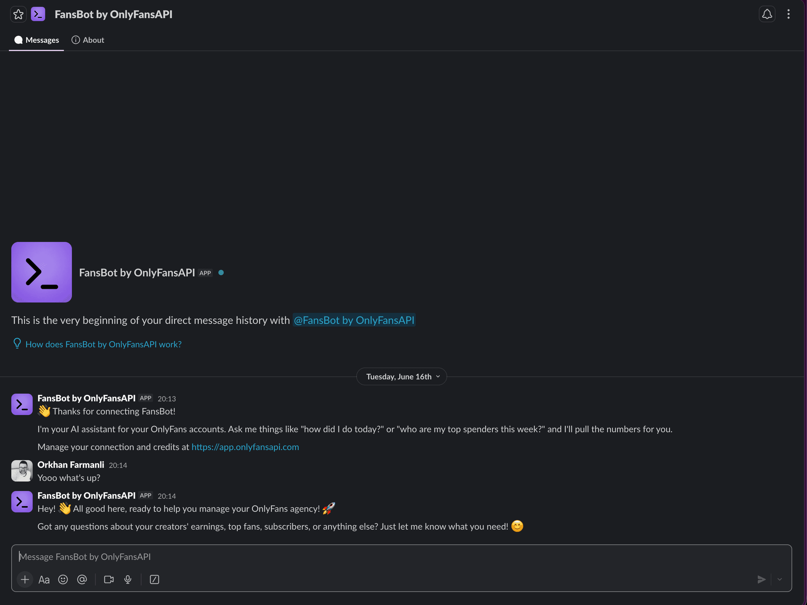 FansBot saying hello in Slack