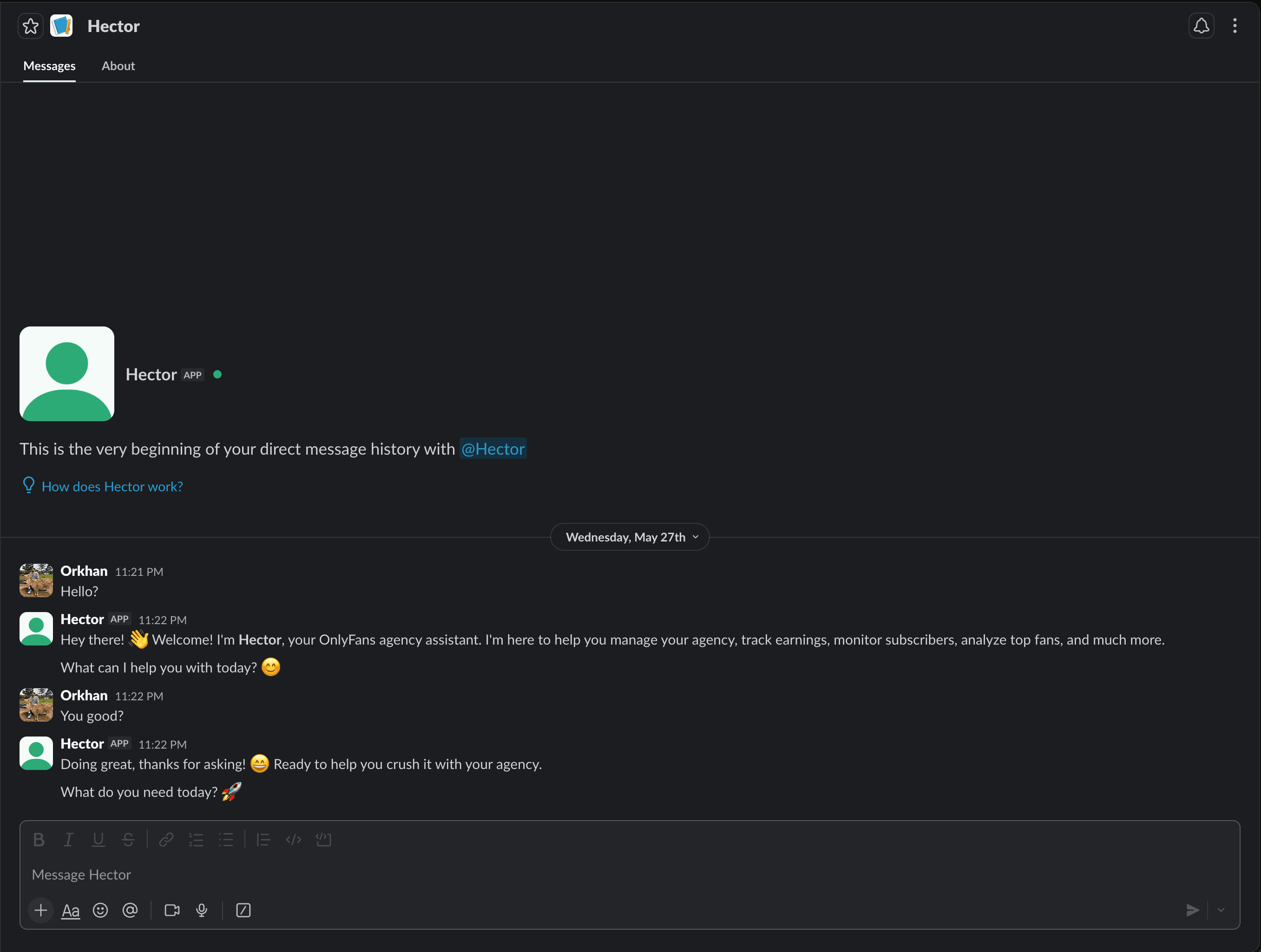 FansBot saying hello in Slack