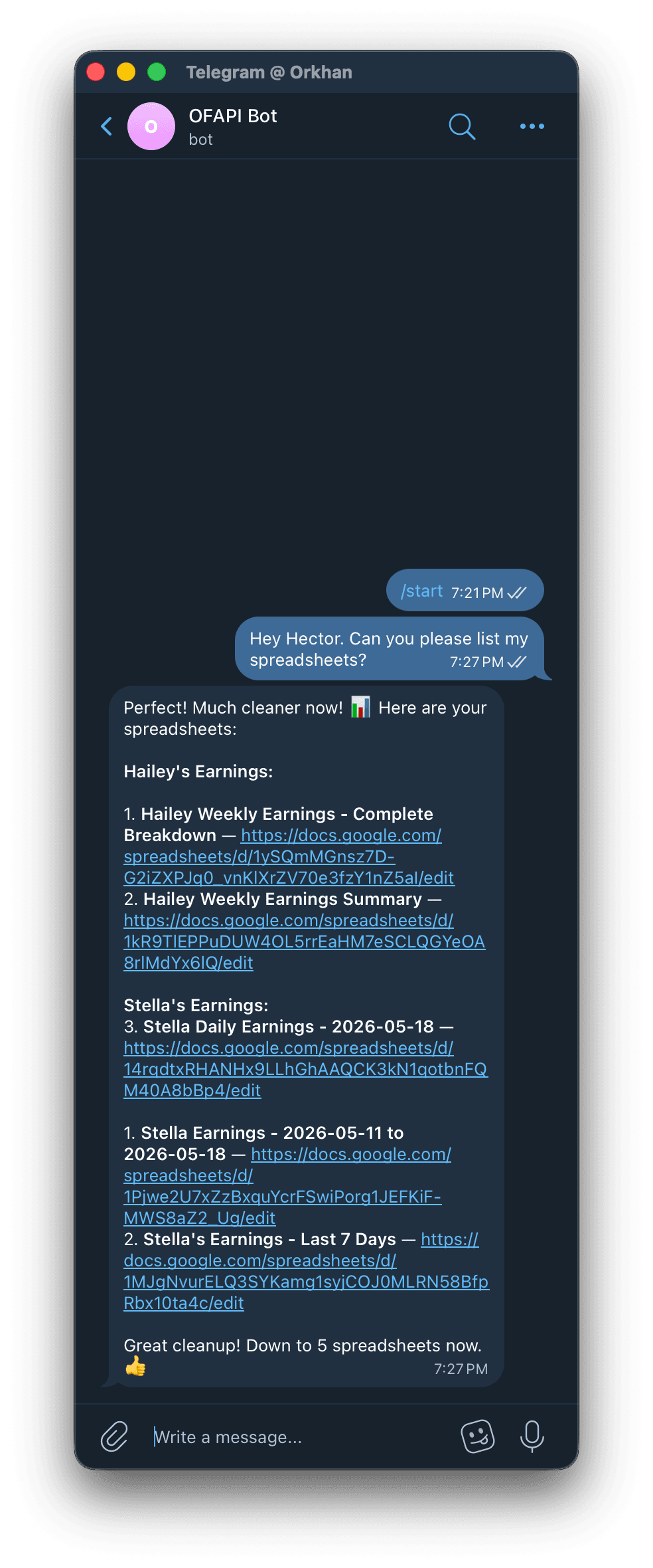 FansBot listing spreadsheets in Telegram