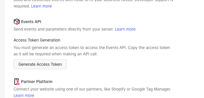 TikTok pixel Settings: Events API Generate Access Token button
