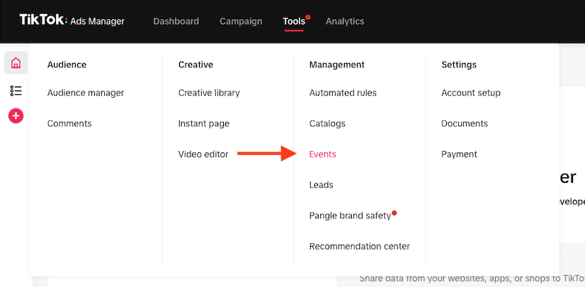 TikTok Ads Manager: Tools menu with Events highlighted
