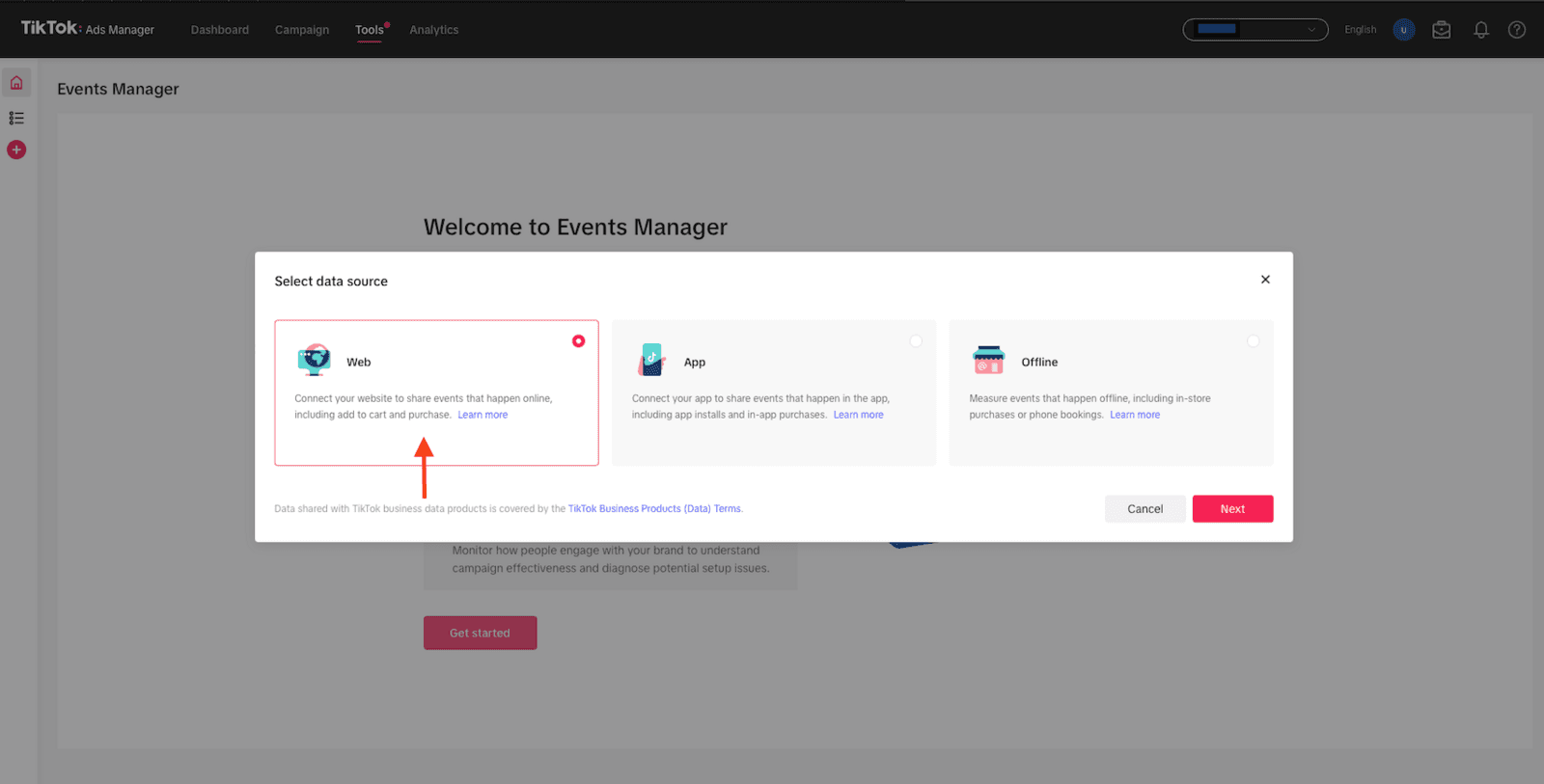 TikTok Events Manager: Select data source dialog with Web selected