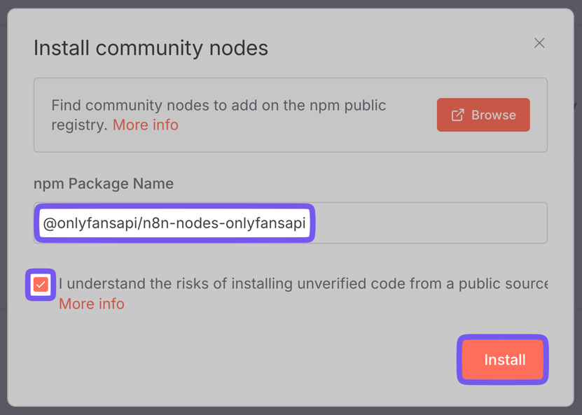 Install community node modal